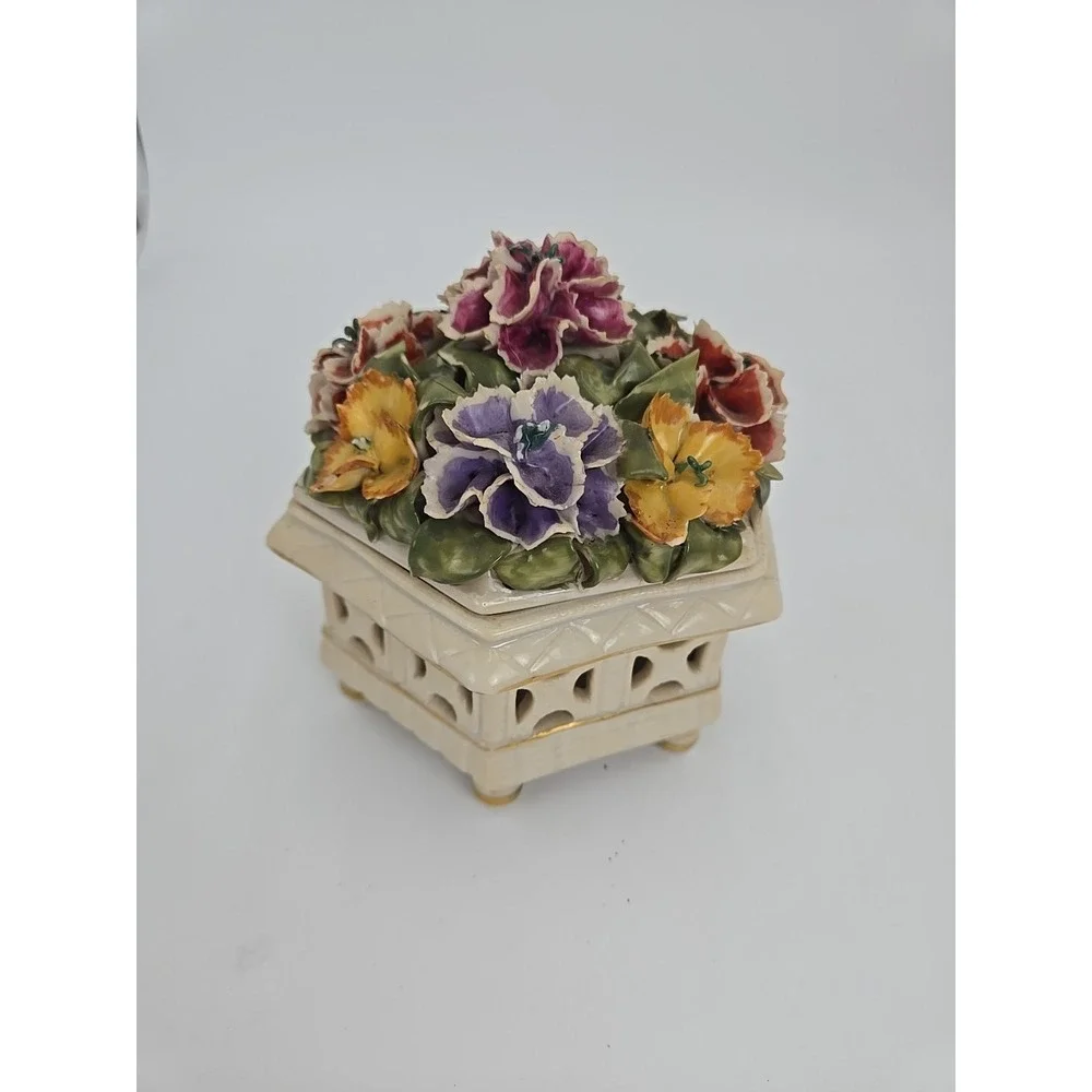 Vtg Bavaria Lid Floral Pansy Footed Trinket Candy Coin Dish Flawed READ‎